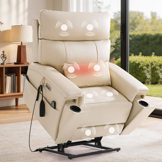 Beige power lift recliner chair in a home setting with hidden cup holders and Adjustable Headrest
