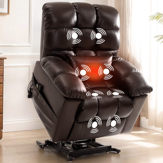 Infinite position electric lift recliner chair for seniors with vibration massage and lumbar heating, brown leather.