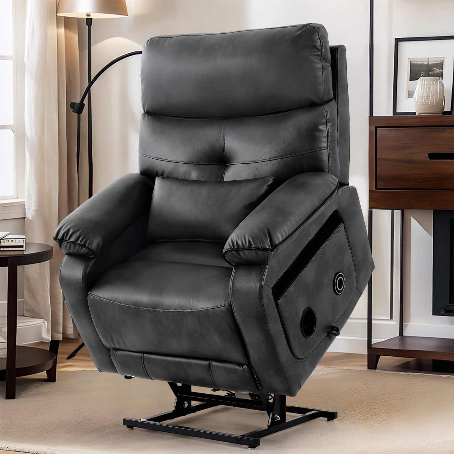 Asjmreye gray power lift recliner chair in uplifted position.
