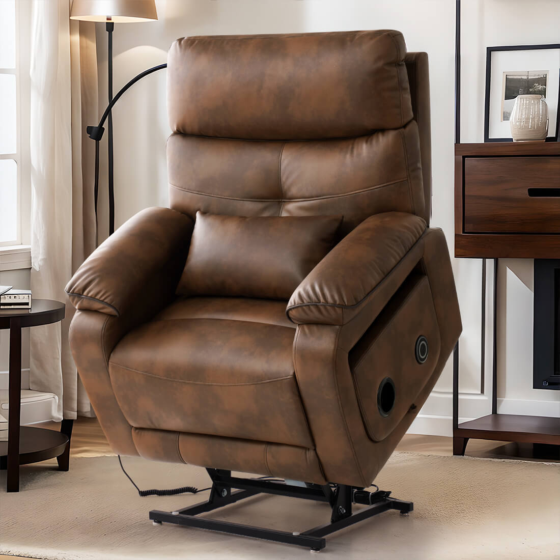 A ochre leather power lift recliner chair in a standing position