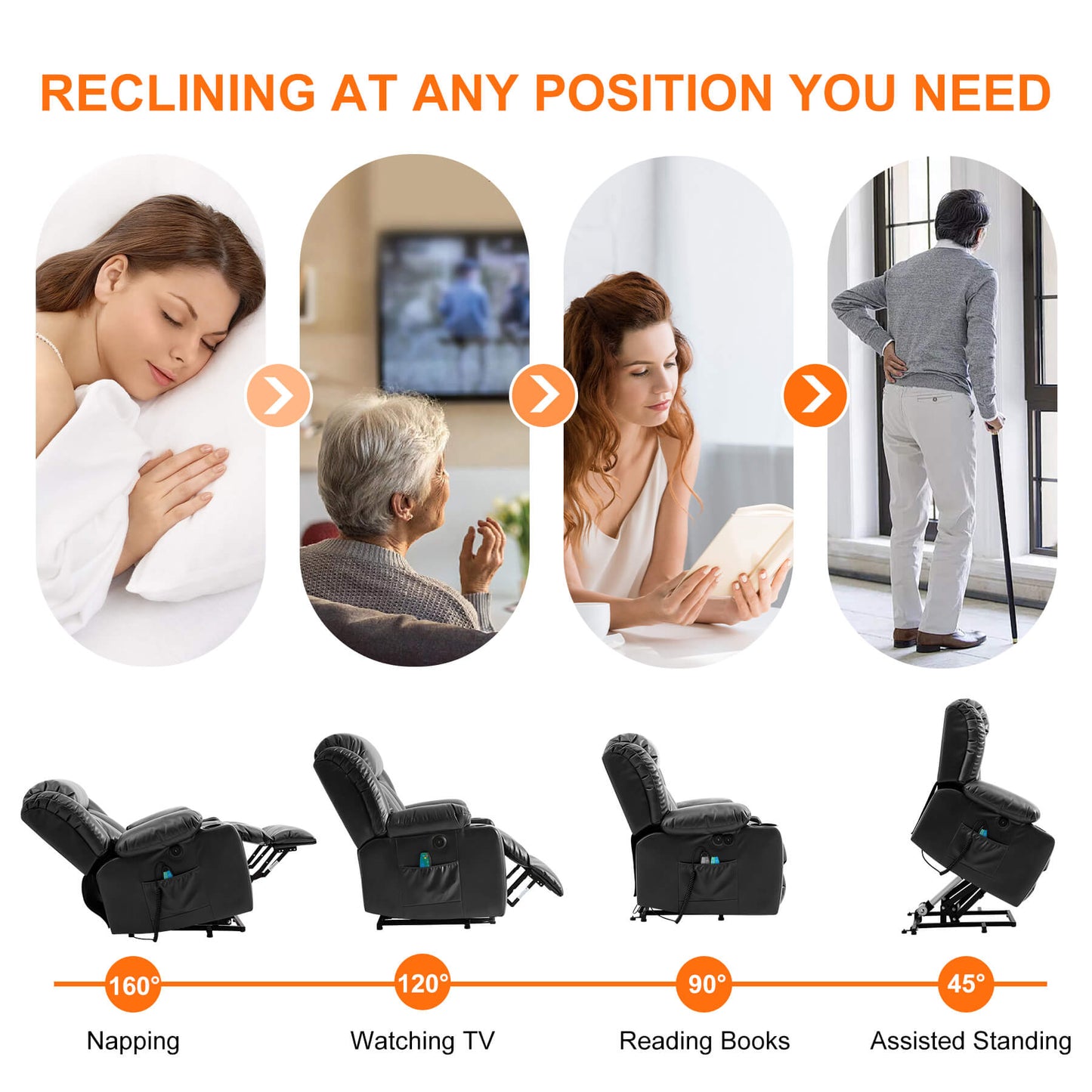 This electric lift chair can be adjusted to any position you need. It has a lift system to assist with standing and the backrest that tilts up to 160° for naps.