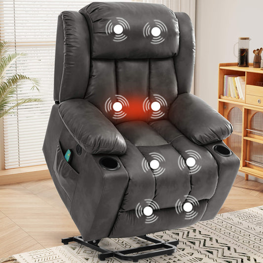 Luxury electric lift recliner chair for seniors with vibration massage and lumbar heating, gray faux leather covered. With cup holders.