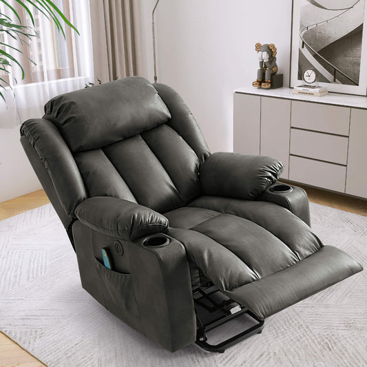 The gray power lift chair reclines in a reclining position. Ideal for daily use such as relaxation, and naps.