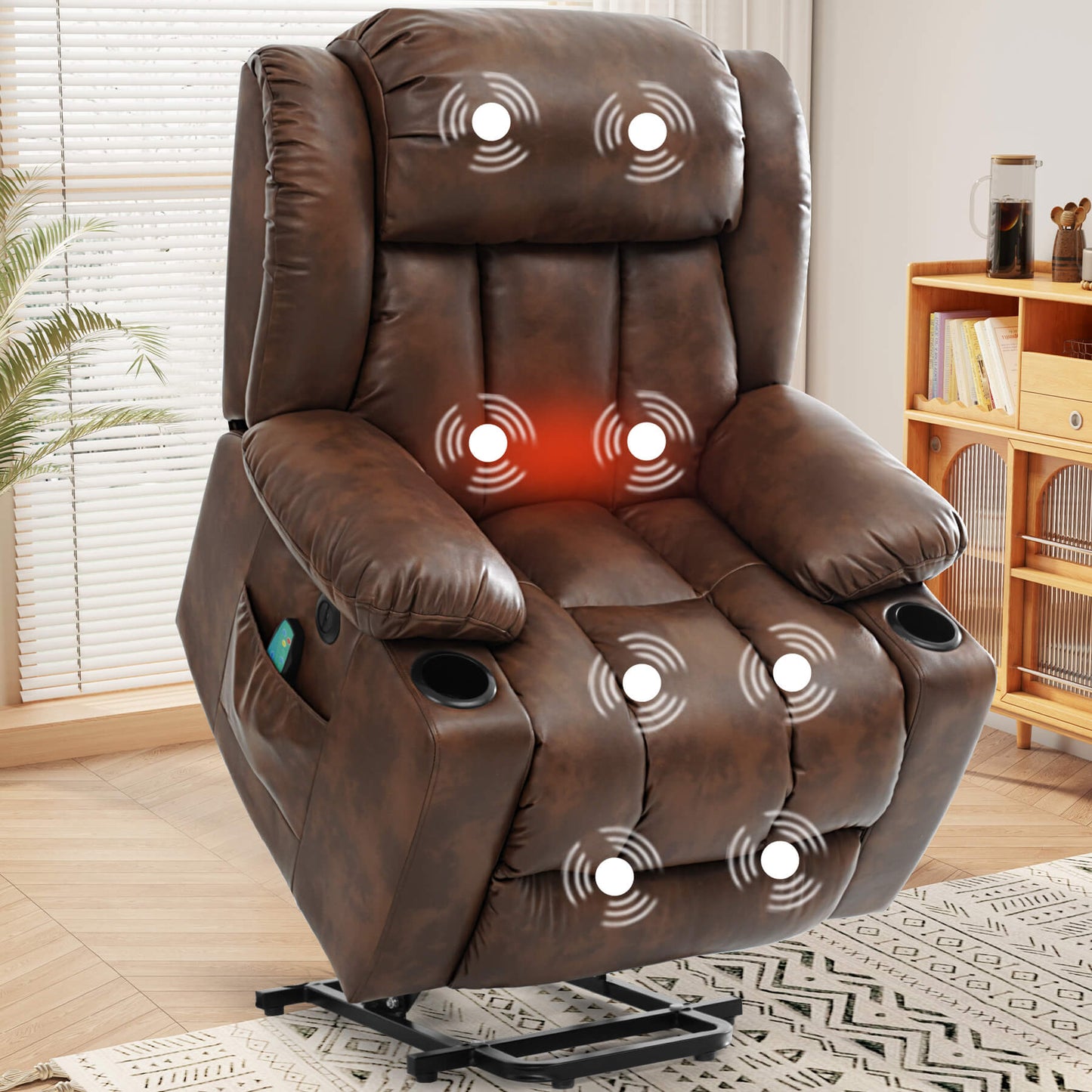 Luxury electric lift recliner chair for seniors with vibration massage and lumbar heating, ochre faux leather covered. With cup holders.