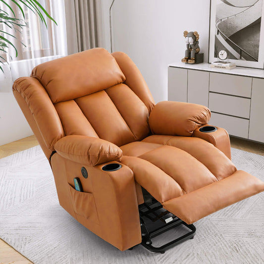 The orange power lift chair reclines in a reclining position. Ideal for daily use such as relaxation, and naps.