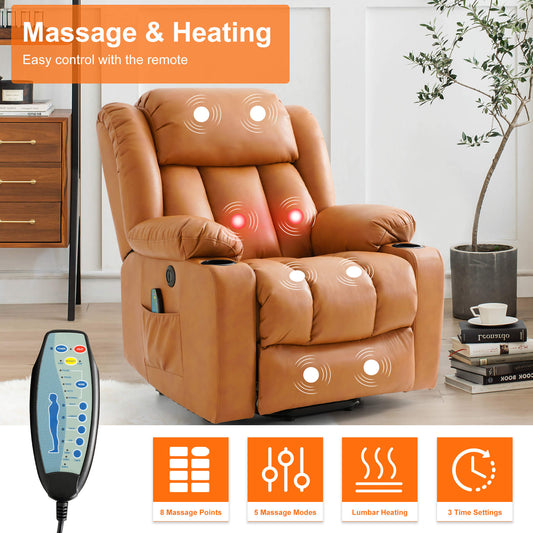 Electric recliner chair with massage and heating function to relax the body, operated by remote control.