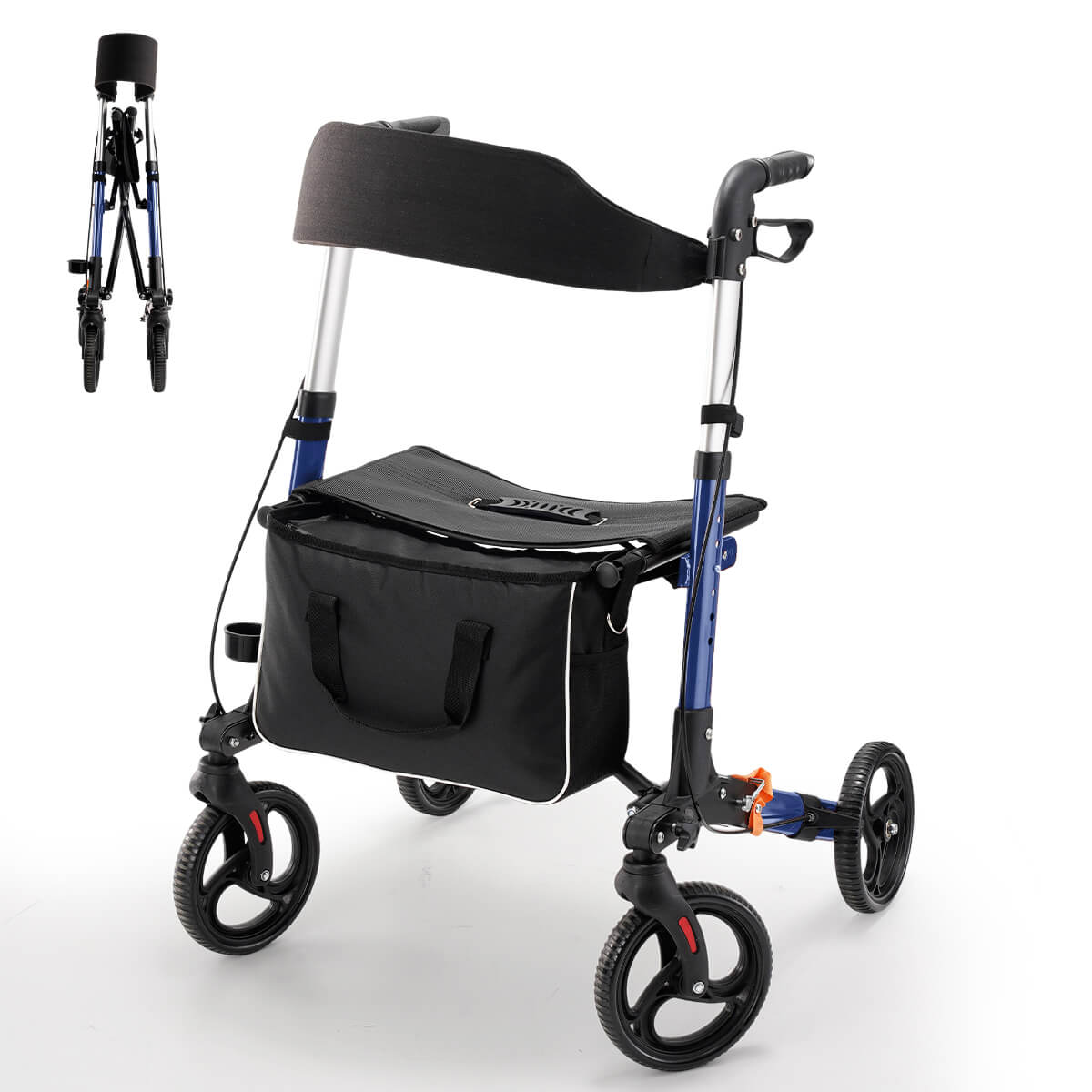 4-wheel lightweight foldable rollator walker with seat for seniors, all terrain, height adjustable, with storage bag, blue