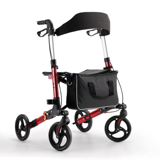 4-wheel lightweight foldable rollator walker with seat for seniors, all terrain, height adjustable, with storage bag, red