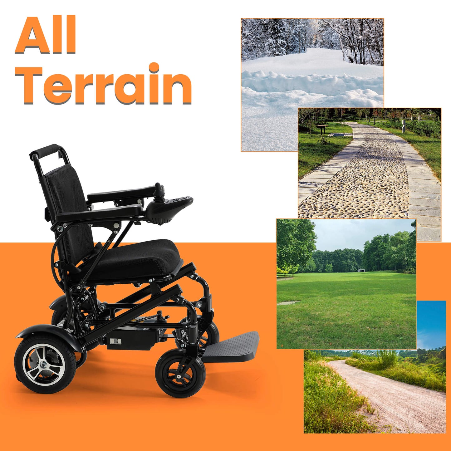 This wheelchair is suitable for lawns, concrete paths and many other terrains.