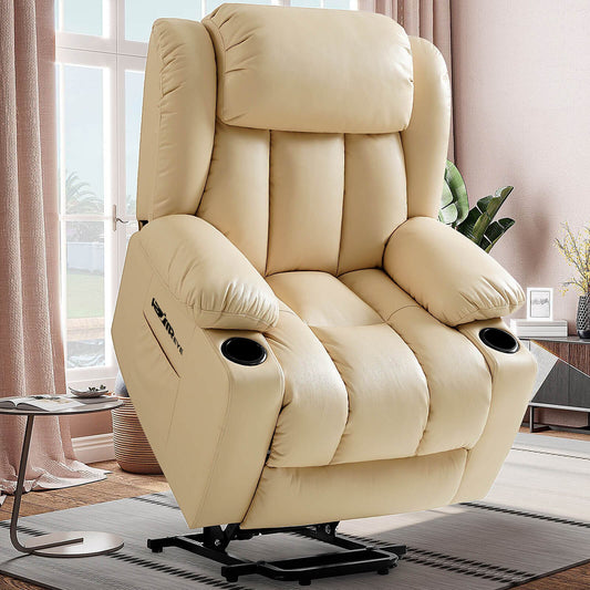 Asjmreye luxury electric lift recliner chair for seniors with vibration massage and lumbar heating, beige faux leather covered. With cup holders.