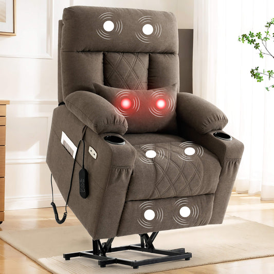 Infinite position lift recliner chair for seniors with vibration massage and lumbar heating, brown fabric.