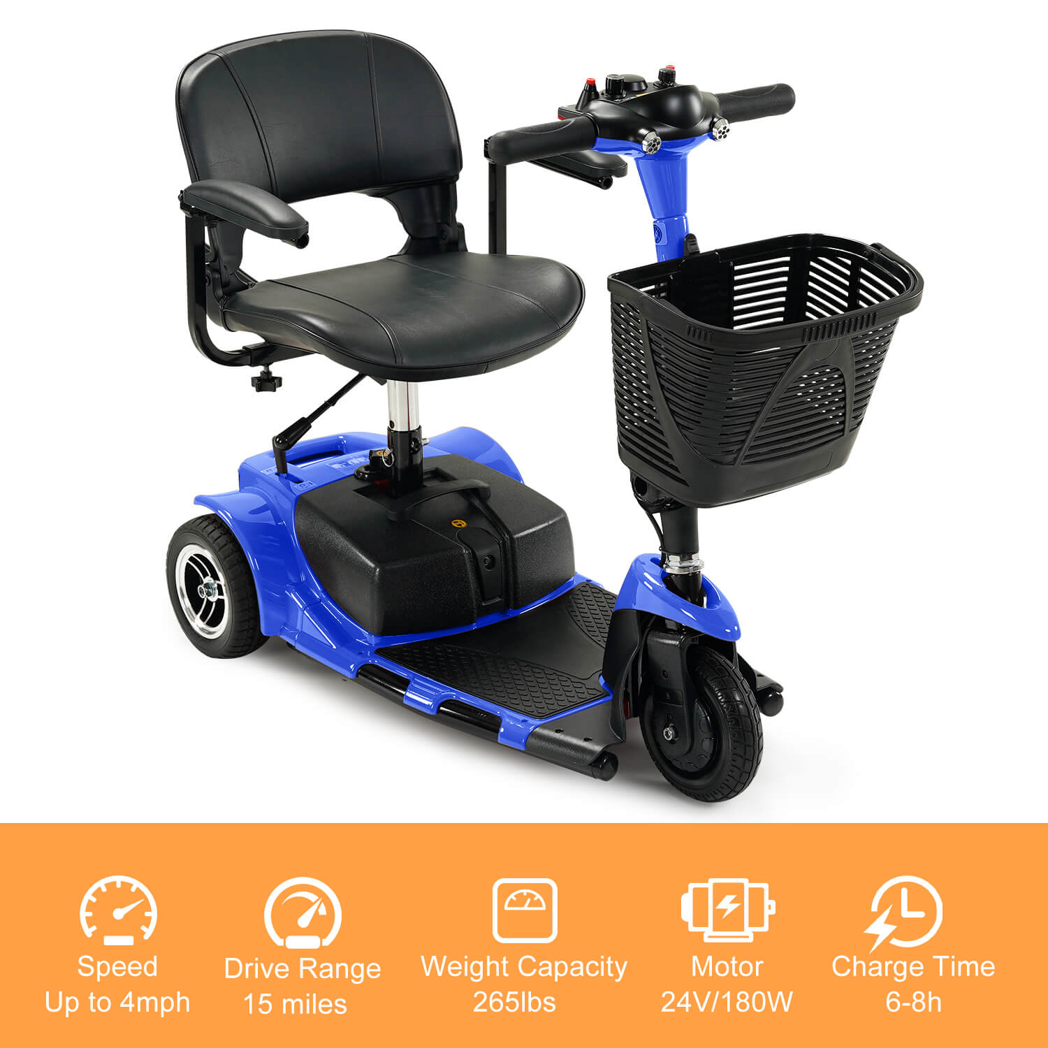 3 Wheel Mobility Scooter, Electric Senior Scooters, Foldable and Compact for Adult Travel, Blue