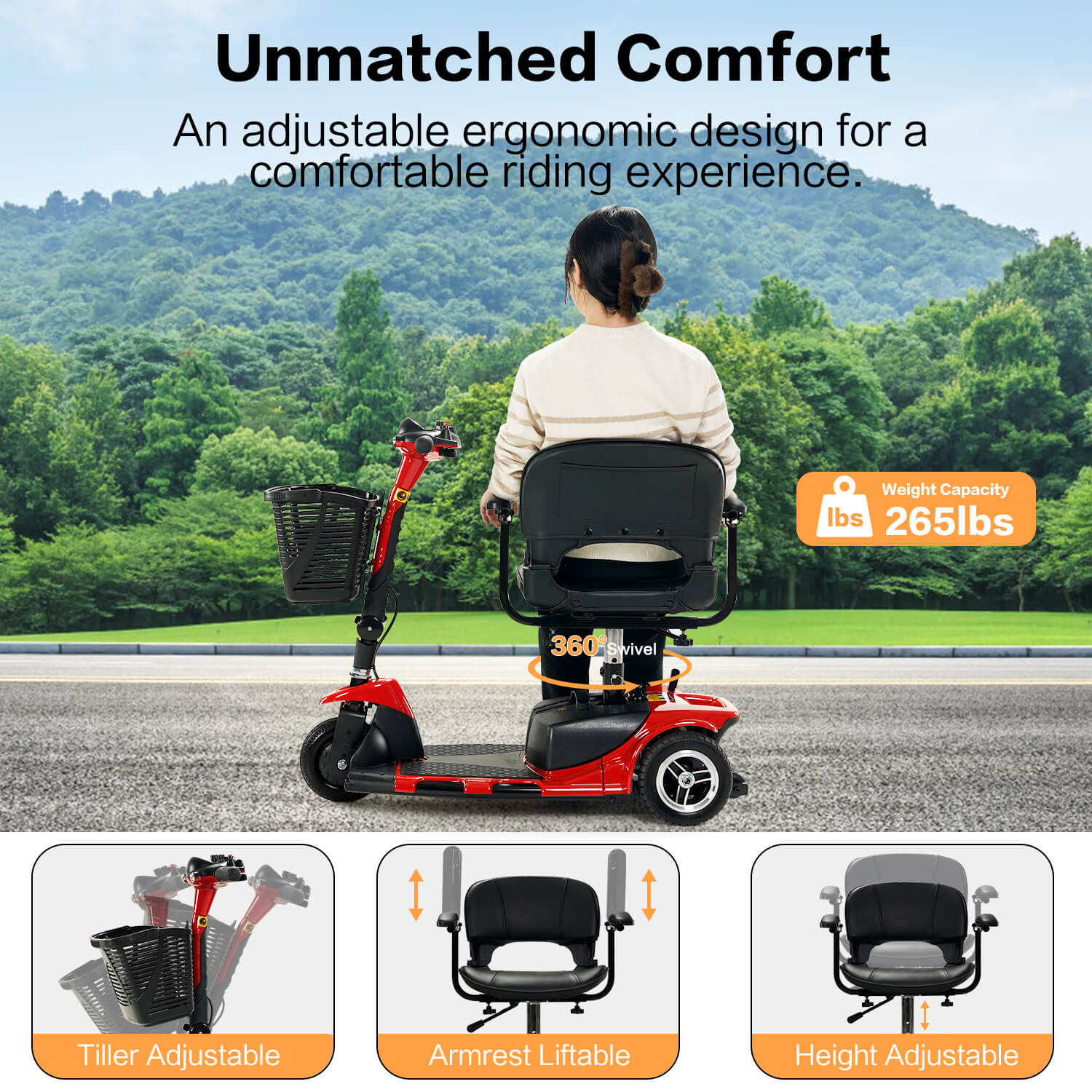 3 Wheel Mobility Scooter, Electric Senior Scooters, Foldable and Compact for Adult Travel, Red