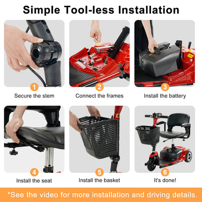 3 Wheel Mobility Scooter, Electric Senior Scooters, Foldable and Compact for Adult Travel, Red