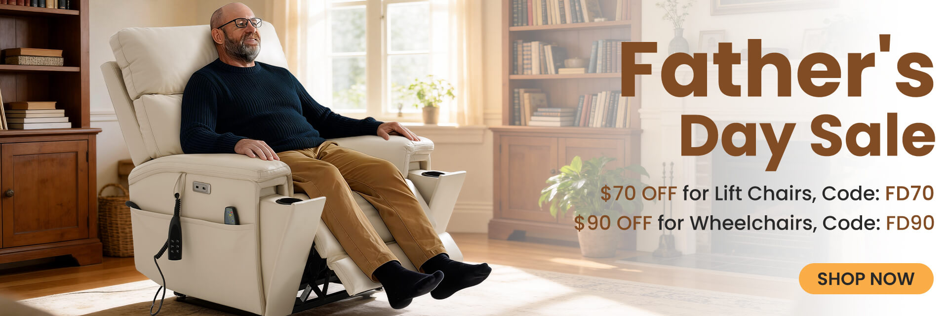 Man using a recliner chair with Father's Day sale text and promotional codes.