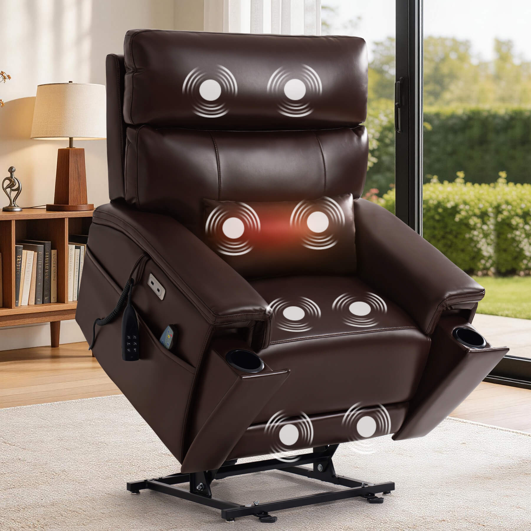 Brown power lift recliner chair in a home setting with hidden cup holders and Adjustable Headrest