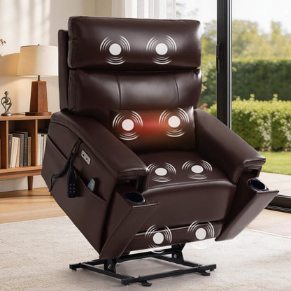 Brown power lift recliner chair in a home setting with hidden cup holders and Adjustable Headrest