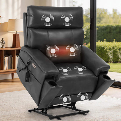Grey power lift recliner chair in a home setting with hidden cup holders and Adjustable Headrest