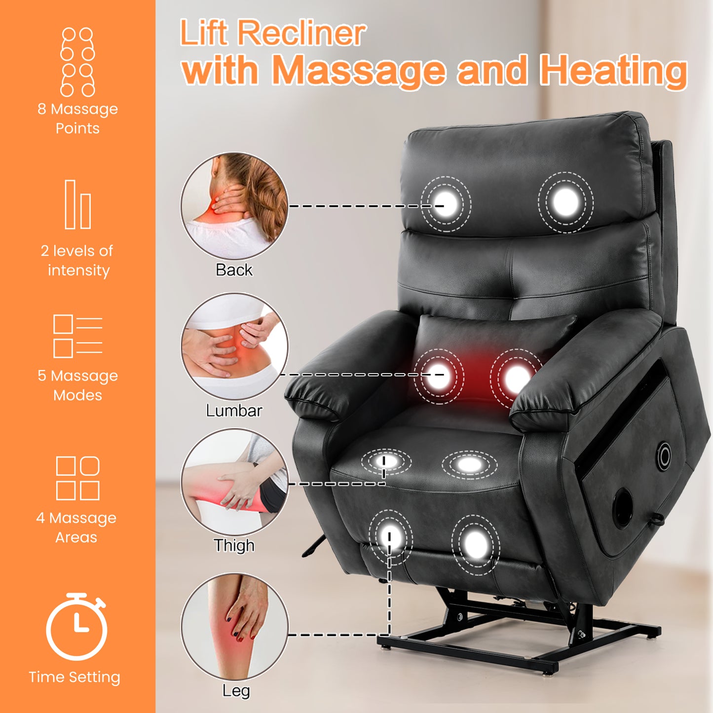 
Asjmreye Infinite Position Power Lift Chair with Wireless Charging Station and Massage and Heat Gray