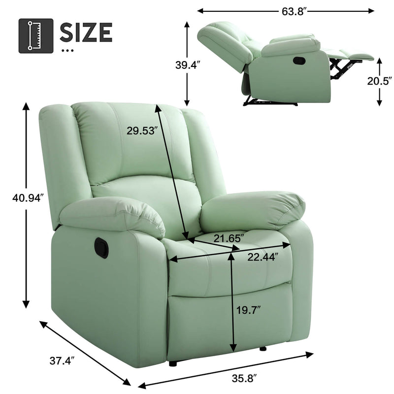 Asjmreye Manual Recliner Chair Recliner Soft Armrests For Living Room 35" Width, Leather,Light Green , Size