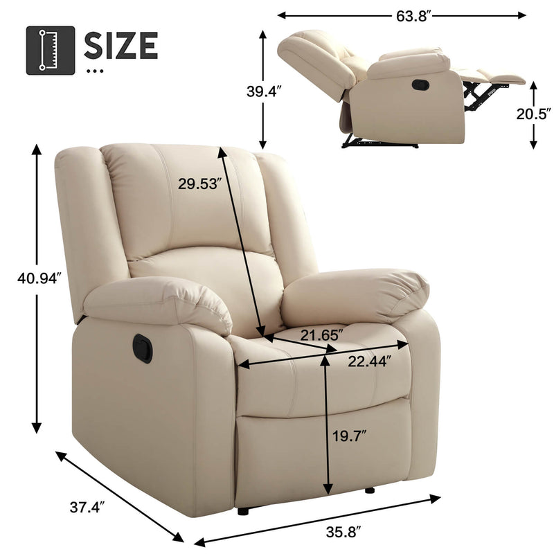 Asjmreye Manual Recliner Chair Recliner Soft Armrests For Living Room 35" Width, Leather,Lvory,Size