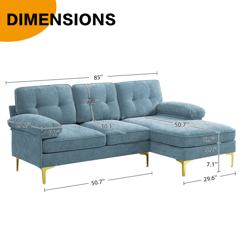 Asjmreye Sectional Sofa L-Shape Couch with Chaise Chenille Fabric , Size Light Blue