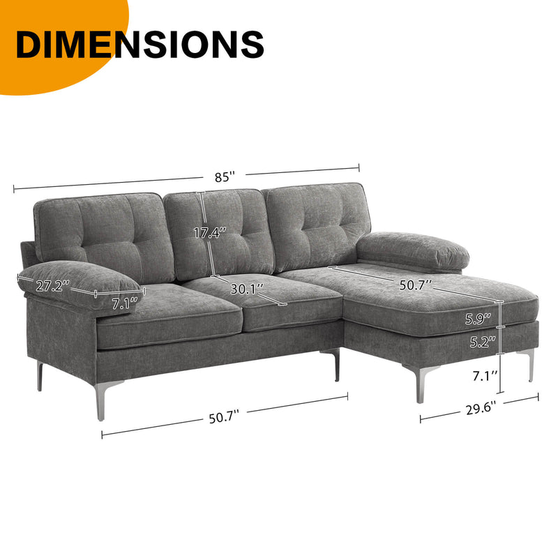 Asjmreye Upholstered Sectional Sofa Couch, L Shaped Sofa, Modern Chenille fabric, Size Grey