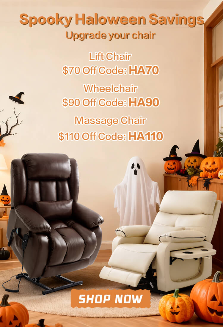 Halloween Savings, two lift recliner chairs, with Halloween decorations in the background.