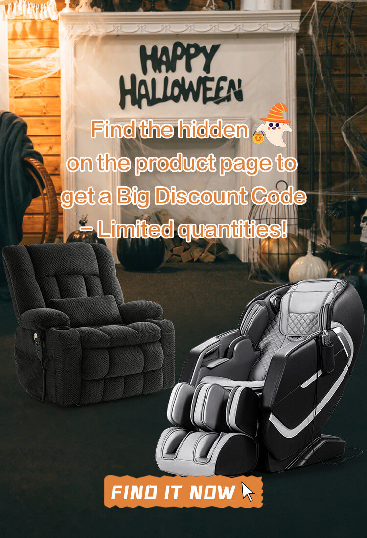 Massage chair  and recliner with Halloween-themed text and promotional offer in a decorated room.