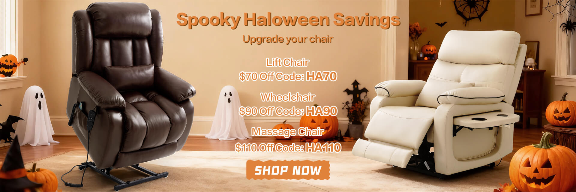 Halloween Savings, two lift recliner chairs, with Halloween decorations in the background.