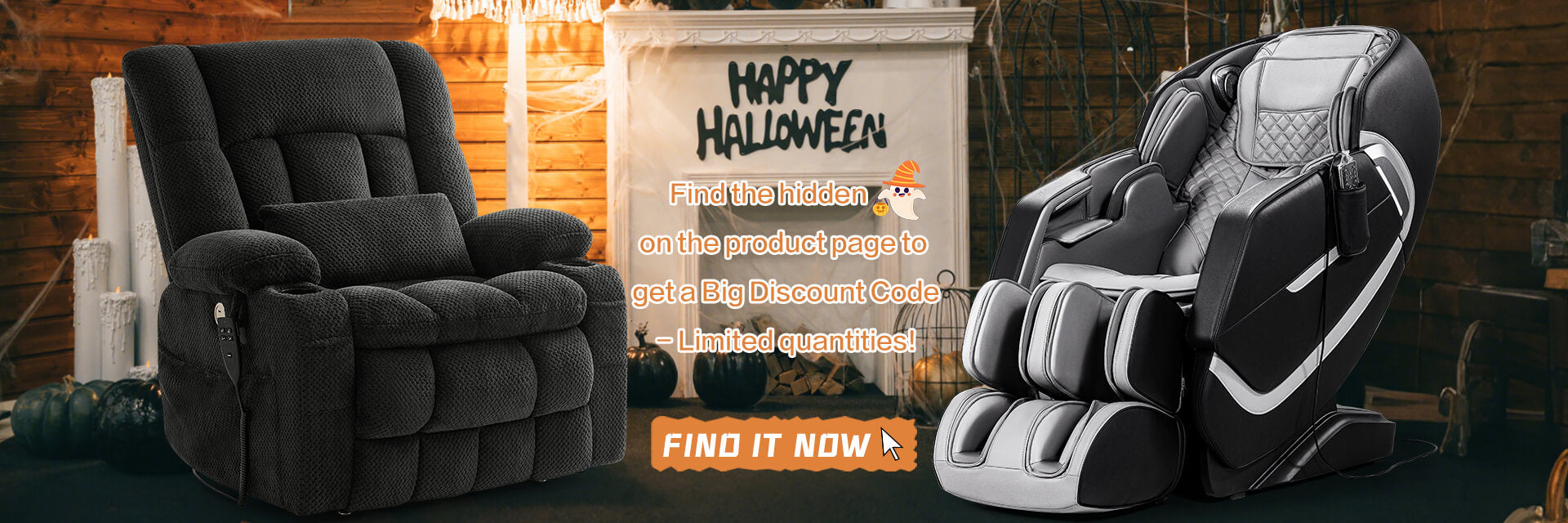 Massage chair with recliner on a wooden floor, Halloween promotional banner overlay.