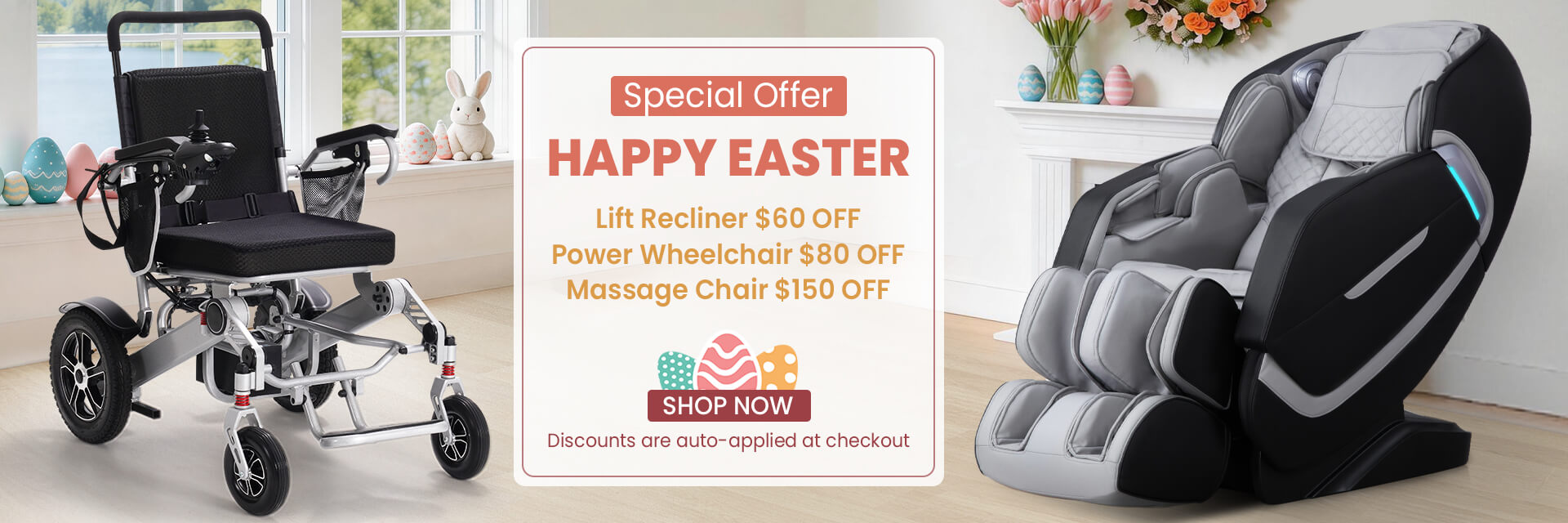 Power wheelchair and massage chair with a special Easter offer on a light wooden floor.