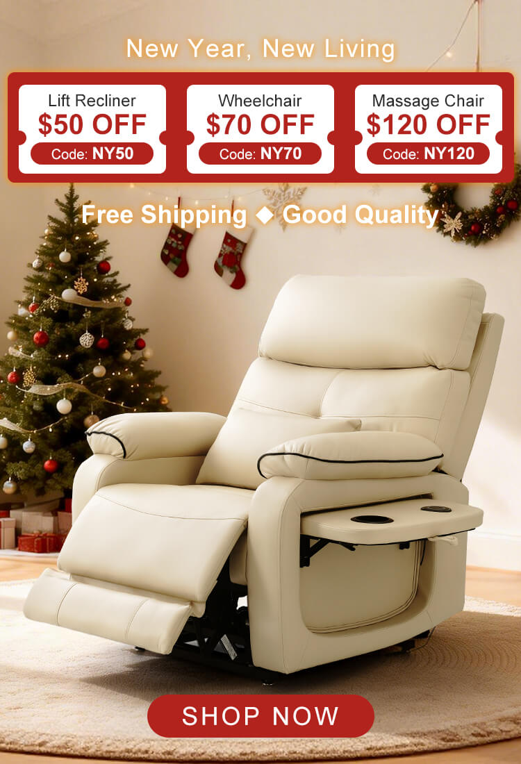 Beige recliner chair in a room with Christmas decorations and promotional text, $50 off on lift recliners with code NY50.