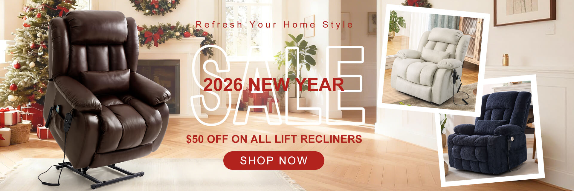 Brown lift recliner chair in a room with Christmas tree and wreath, 2026 new year sale, save $50 on lift recliners.
