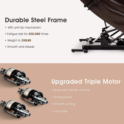 The infinite position lift recliner's durable steel frame and powerful dual motors support long-lasting and safe use.