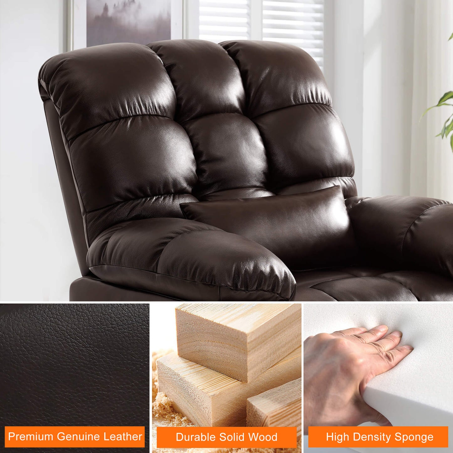 The power lift recliner is made of premium genuine leather, durable solid wood, and high density sponge.