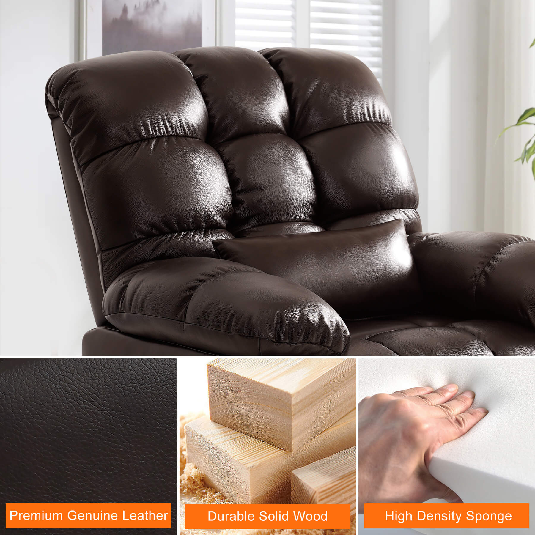 The power lift recliner is made of premium genuine leather, durable solid wood, and high density sponge.