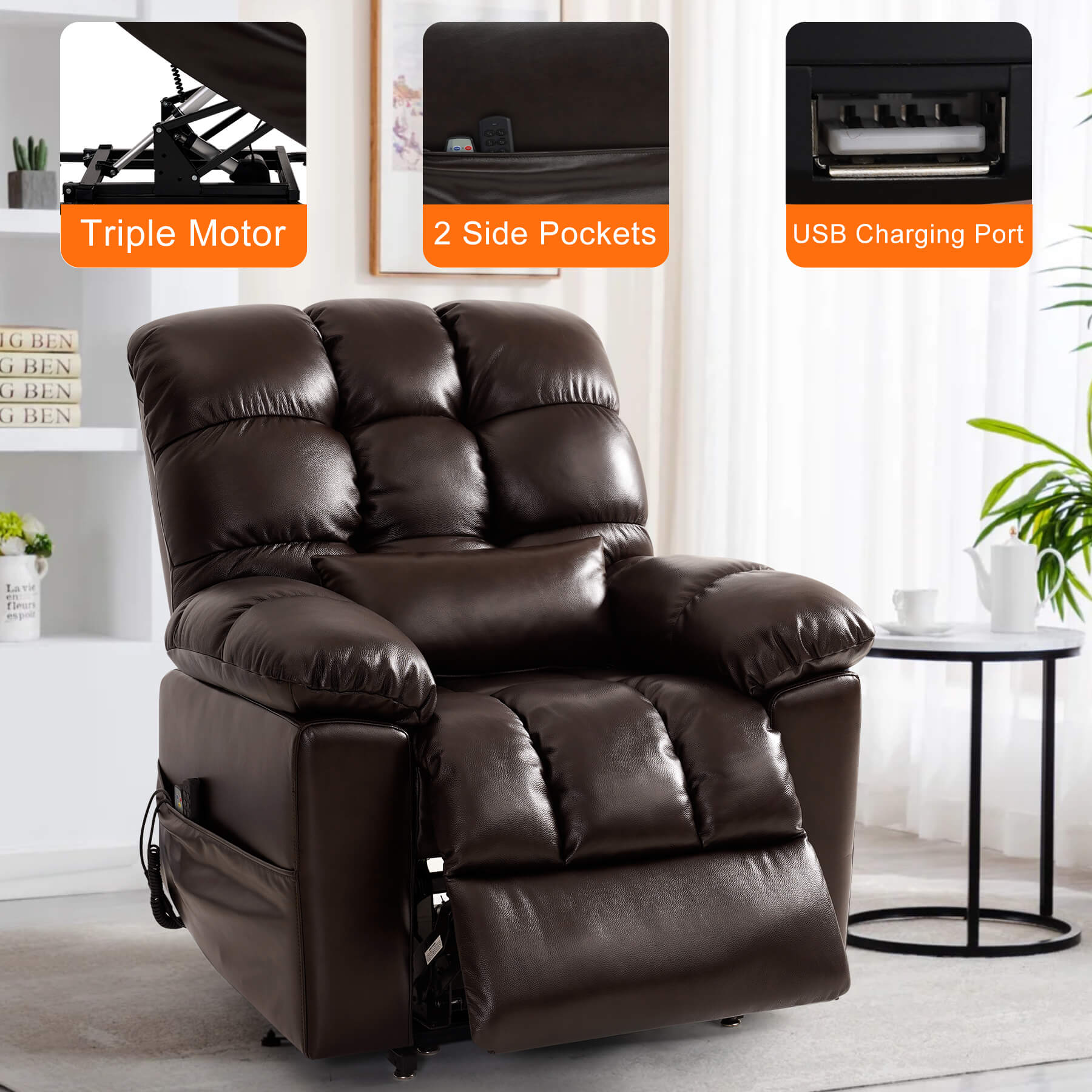 The electric lift chair has three built-in motors for infinite position adjustment, and two side pockets and USB port.