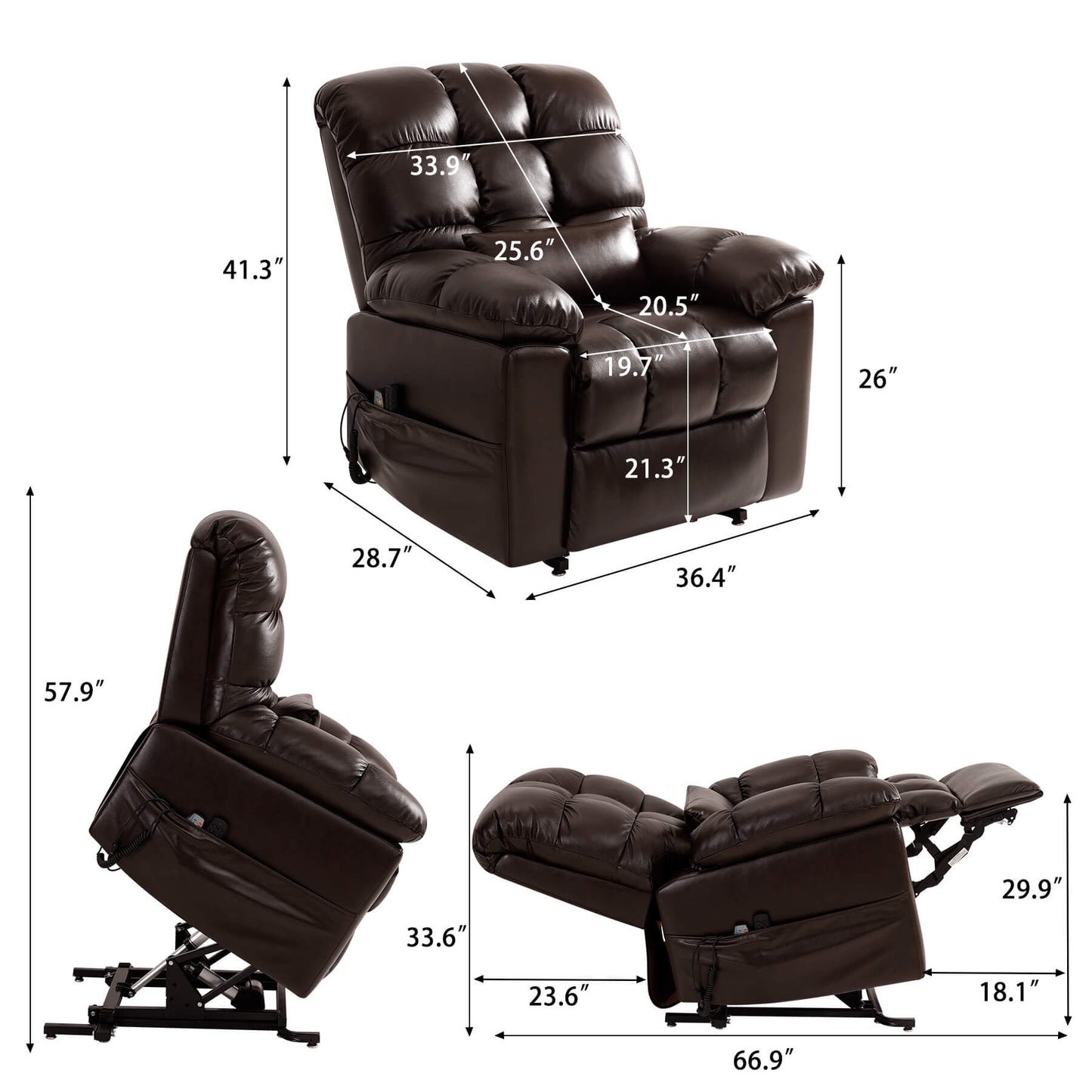 Brown leather recliner size data. Overall dimensions: 36.4 x 28.7 x 41.3 inches, Weight capacity: 350lbs.