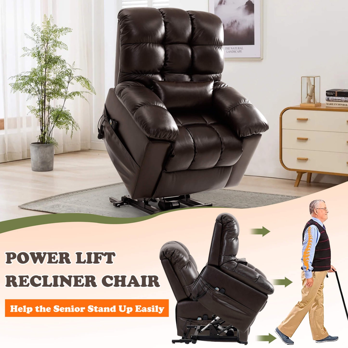 Brown leather power lift chair in raised state. Ideal for helping the senior to stand up easily.