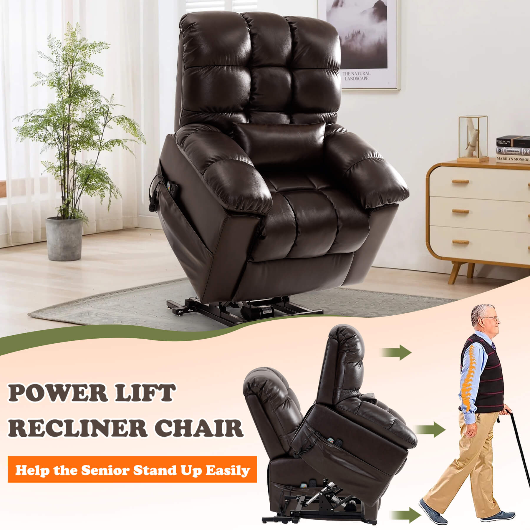 Brown leather power lift chair in raised state. Ideal for helping the senior to stand up easily.