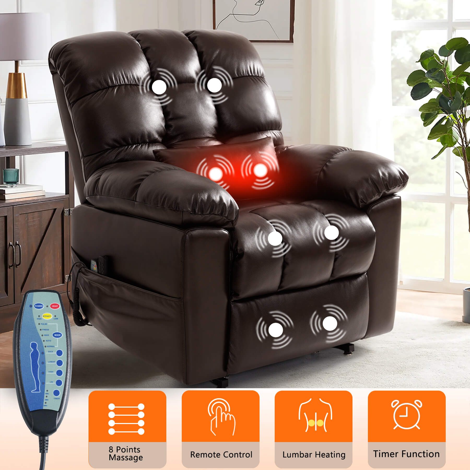 The zero gravity lift chair with massage and heating function, operated by remote control.