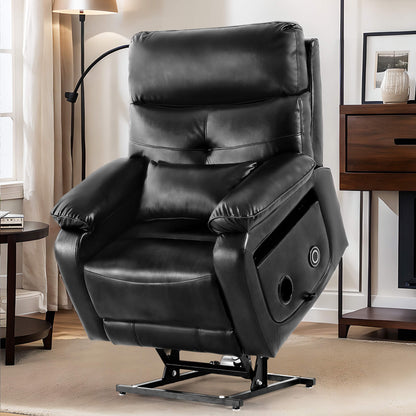 A black color power lift recliner chair in standing position.