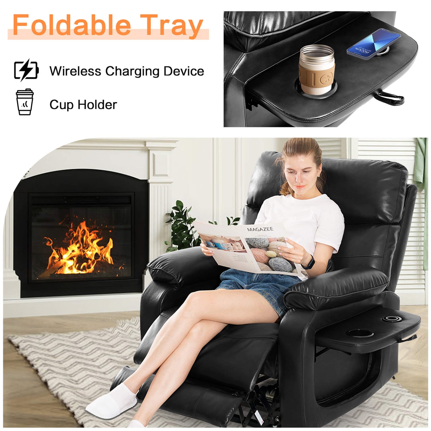 Asjmreye power lift recliner chair with a foldable tray with a wireless charging device and cup holder