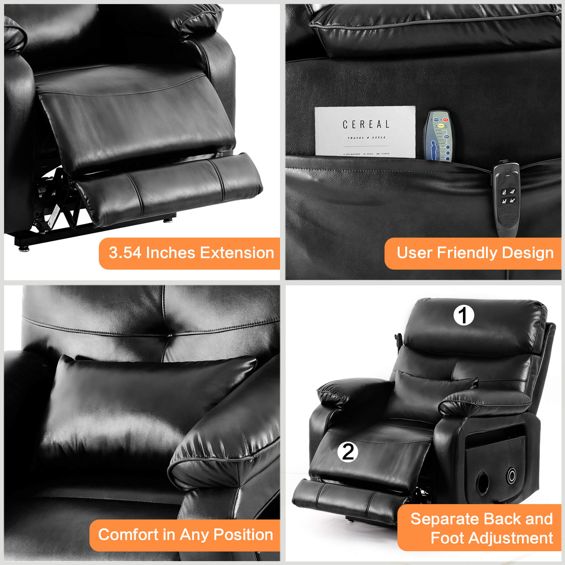 Asjmreye power lift recliner chair with extended footrest, side pocket, lumbar pillow.