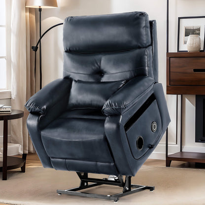 Asjmreye navy power lift recliner chair in a standing position.