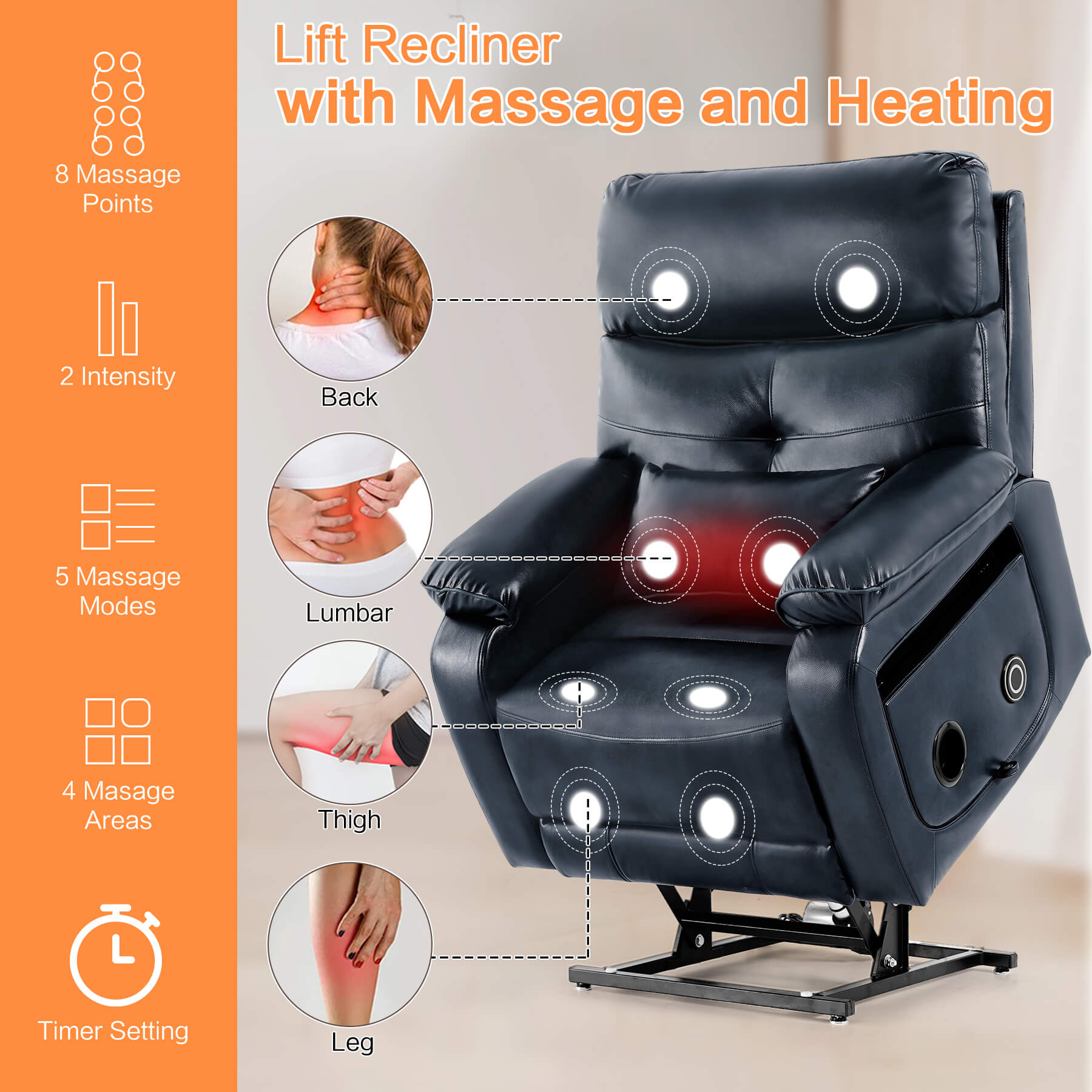 Asjmreye navy power lift recliner chair with massage and heat feature
