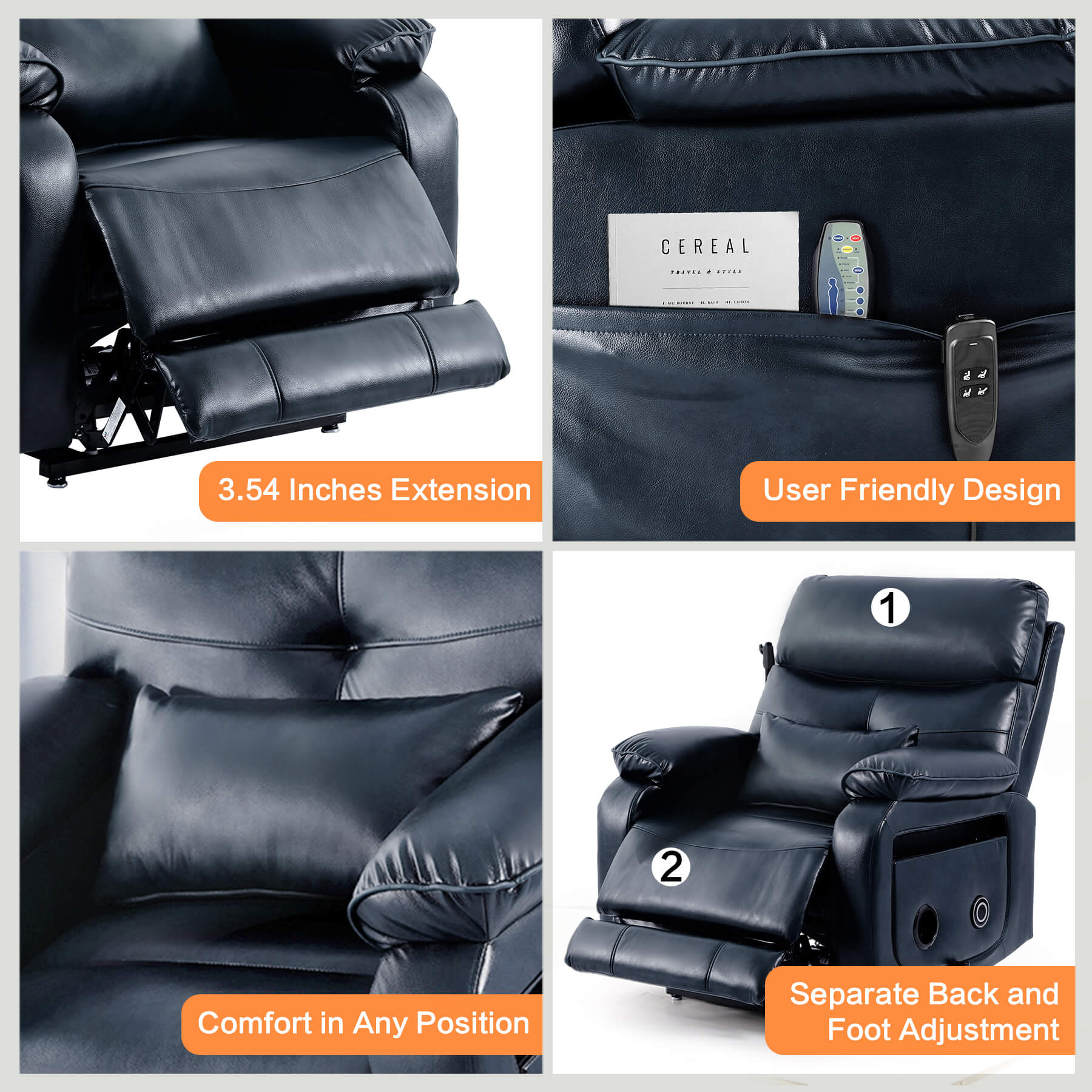 A power lift recliner with footrest extension, side pockets and lumbar pillow.
