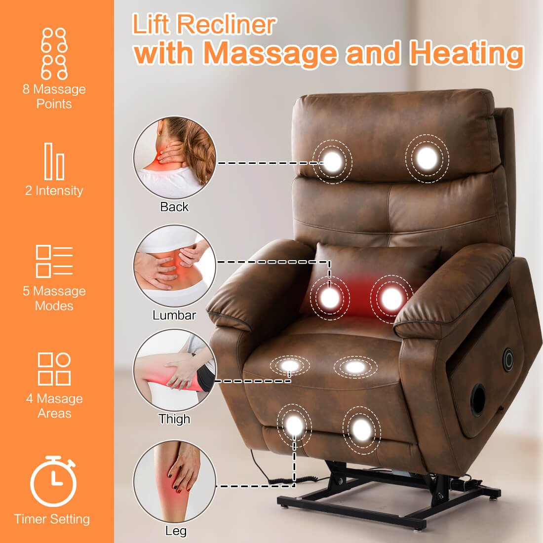 Ochre color power lift recliner chair with massage and heating features