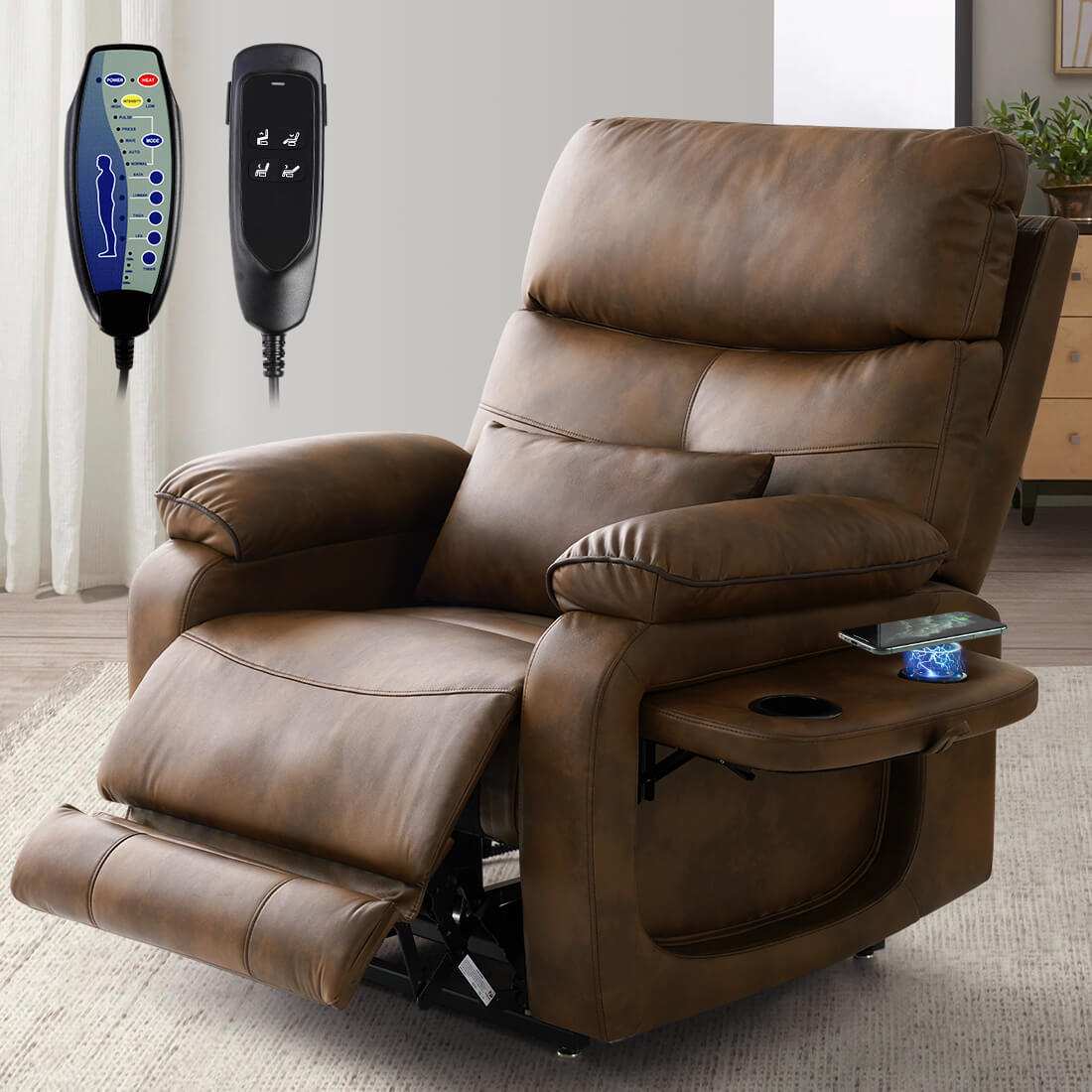 A power recliner with remote controls, foldable side table that has a cup holder and a wireless charging station on it